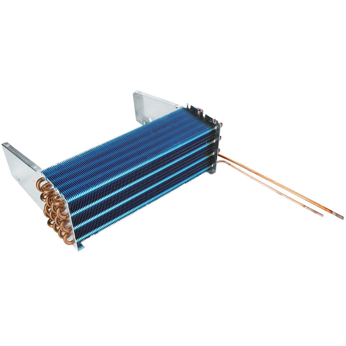 A blue metal Empura Refrigeration E-KB25WR evaporator coil with parallel fins, copper pipes running through the fins, and two copper tubes extending outward. Metallic end plates secure the fins and pipes for cooling or refrigeration applications.