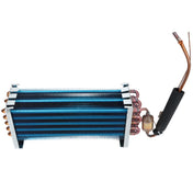 An Empura Refrigeration evaporator coil unit with closely spaced blue aluminum fins, copper pipes, and black foam insulation. The copper tubing is coiled at the side with a small cylindrical sensor or filter. The unit is isolated on a white background.