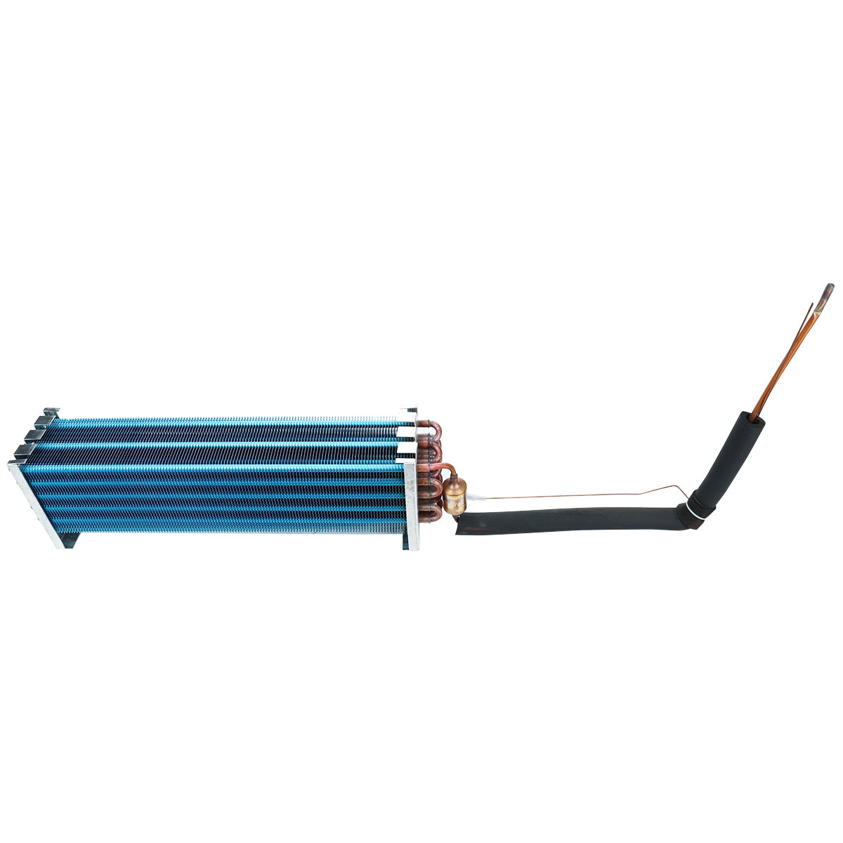 A rectangular blue metal finned evaporator coil with copper tubing attached on one end, connected to an insulated black pipe, set against a white background—compatible with Empura Refrigeration and genuine Empura Parts.