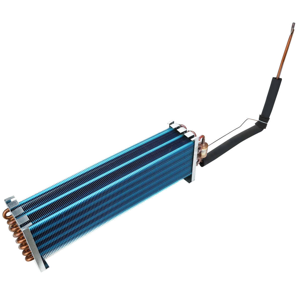 A metallic Empura Refrigeration evaporator coil features blue parallel fins, copper tubing on one end, and insulated black pipes extending from the other, isolated on a white background for thermal transfer applications.