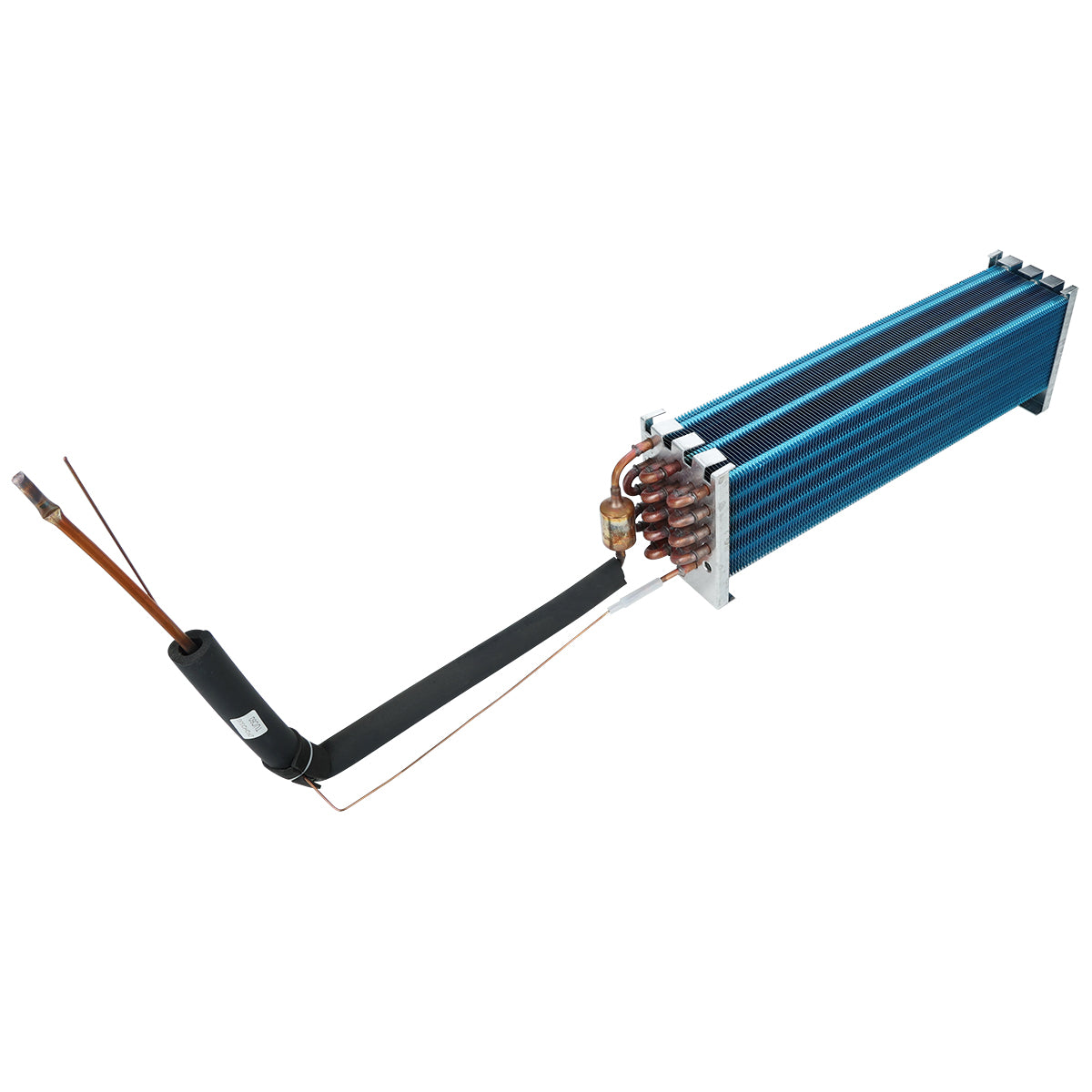 Rectangular blue metal Empura Refrigeration evaporator coil with thin parallel fins and copper tubing. The insulated copper pipes end in connectors and a thermal sensor. This Empura part is isolated on a white background.