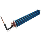 A long, rectangular evaporator coil with blue metal fins, copper tubes, and a black insulated pipe extending from one end. This Empura Refrigeration part is designed for cooling or HVAC systems, showcasing intricate copper and fin details.