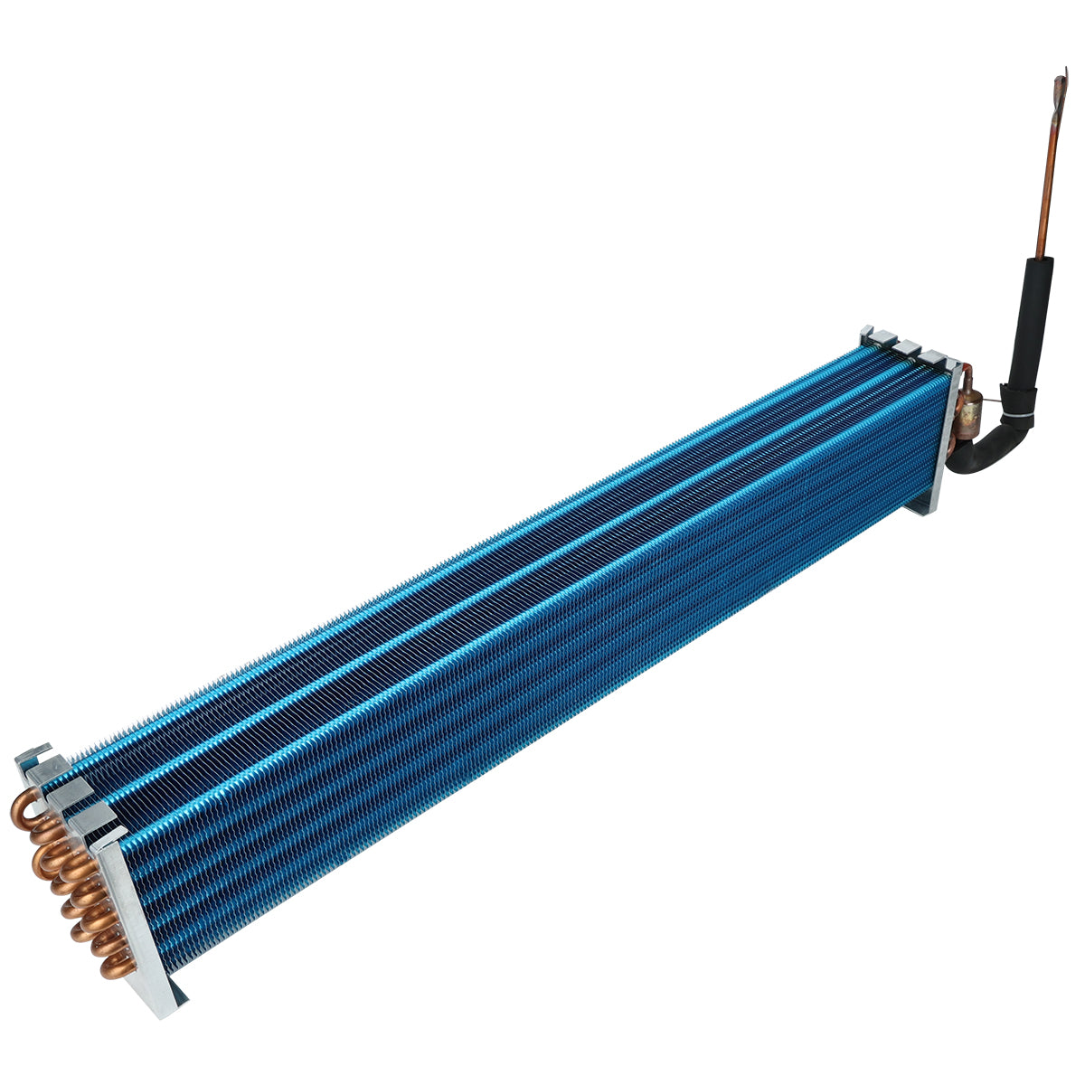 A blue finned tube heat exchanger with copper tubing and a black insulated pipe attached to one end, this Empura Refrigeration evaporator coil is long and rectangular with closely spaced metal fins for efficient HVAC or refrigeration heat transfer.