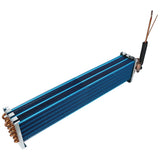 An elongated blue and black Empura Refrigeration evaporator coil with tightly packed metal fins and copper tubes, featuring wiring and insulation on one end, isolated on a white background. Used for heating or cooling applications in HVAC systems.