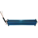 Rectangular blue metal heat exchanger with closely spaced horizontal fins and an Evaporator Coil featuring copper tubes on one end, some covered by black insulation. Copper pipes extend left and bend upward, while the unit stands on small metal feet.