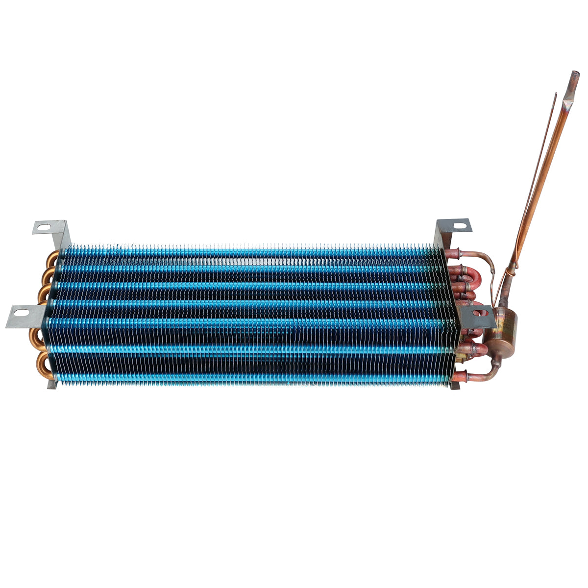 A metal Empura Refrigeration heat exchanger with multiple blue fins and copper tubes, mounted on a white background. It has brackets for installation and an attached control valve with a copper pipe, ideal as an Empura Parts evaporator coil.