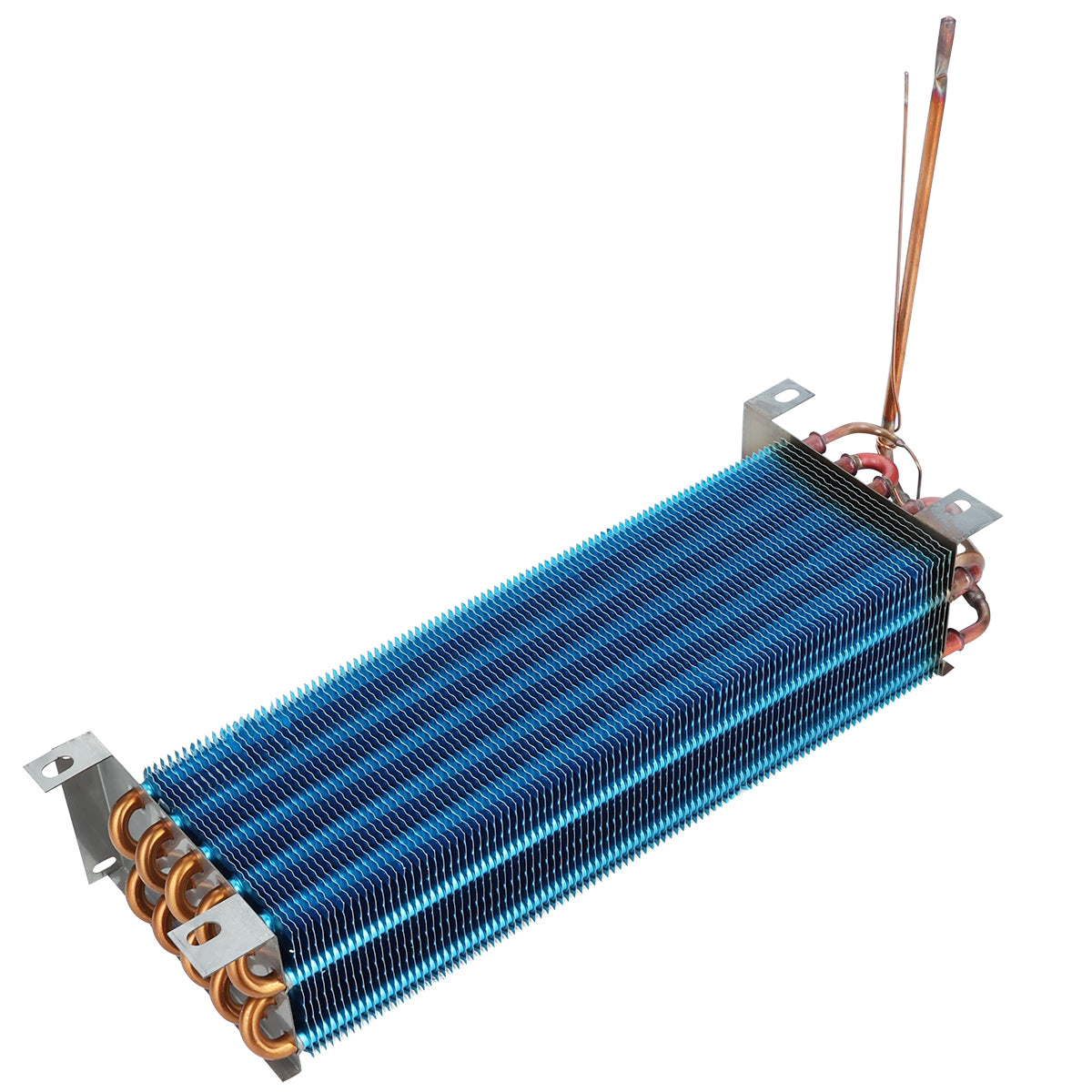 A blue metal evaporator coil from Empura Refrigeration, featuring multiple parallel copper tubes and thin fins, is mounted on a rectangular frame with two attachment brackets and two copper pipes extending upward from one end.
