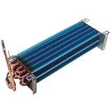 A blue finned Empura Refrigeration evaporator coil features copper tubes looping through the fins for efficient heat transfer. Two copper pipes extend outward, attached to a brass connector, while the unit rests on a white background.