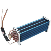 A metal evaporator coil for Empura Refrigeration features blue aluminum fins, copper tubing, a cylindrical black filter, and a brass valve. Coiled tubes and two copper pipes extend outward, all mounted on sturdy rectangular supports. Ideal Empura Parts replacement.