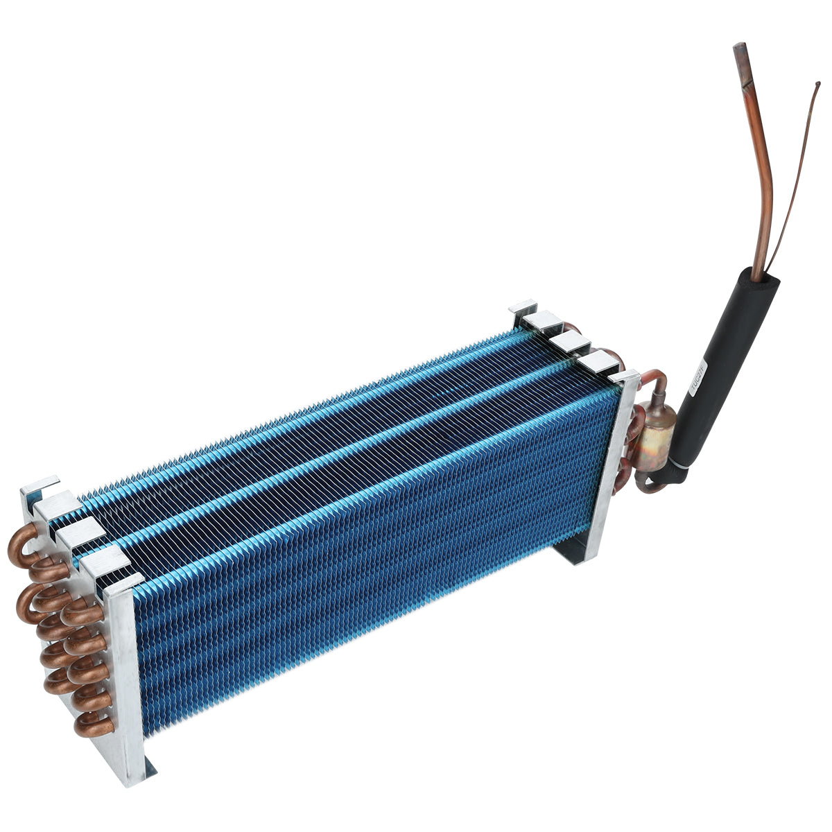A blue and silver metal heat exchanger coil with copper pipes attached, standing on four short legs. One end has insulated copper tubing and a cylindrical component, making it an ideal Evaporator Coil for Empura Refrigeration systems. Plain white background.