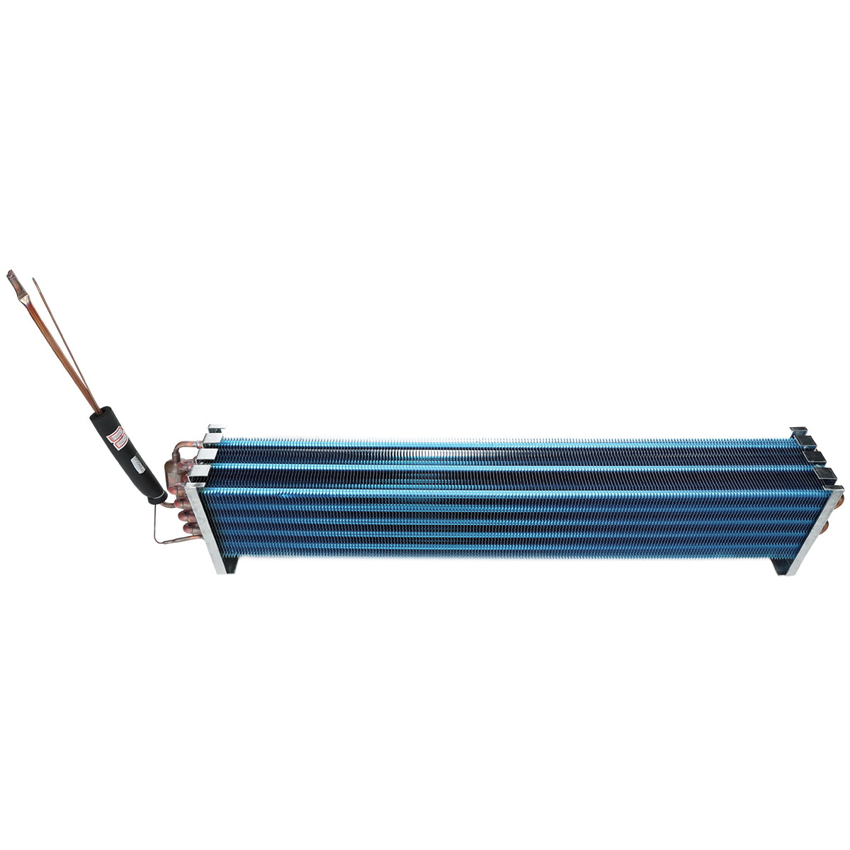 A blue finned tube heat exchanger with copper tubing, black insulation on some pipes, and two copper tubes extending from the left side. This Empura Refrigeration unit features an evaporator coil and stands horizontally on black supports at each end.