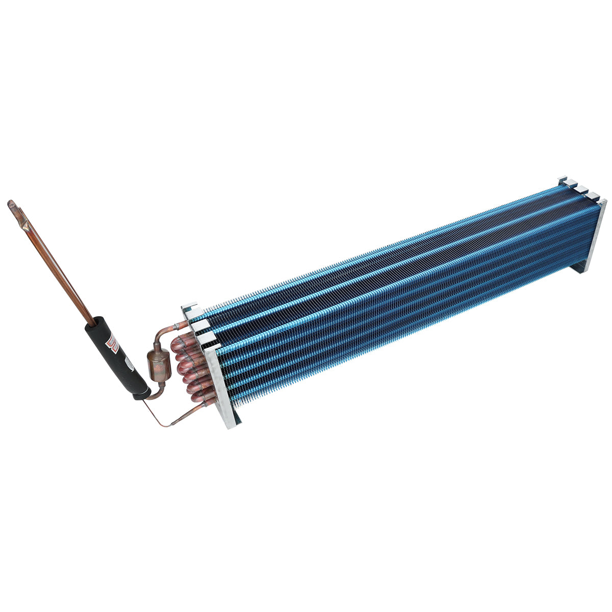 A finned tube heat exchanger with dense blue horizontal fins and copper tubing, attached to a black insulated compressor pipe on the left. This rectangular, metallic Empura Refrigeration evaporator coil is designed for efficient heat transfer in cooling systems.