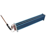 A finned tube heat exchanger with dense blue horizontal fins and copper tubing, attached to a black insulated compressor pipe on the left. This rectangular, metallic Empura Refrigeration evaporator coil is designed for efficient heat transfer in cooling systems.