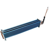 A blue and black metal finned tube evaporator coil with copper pipes on one end and electrical wiring attached to a small black control box on the other. Designed for HVAC or Empura Refrigeration systems, viewed at an angle.