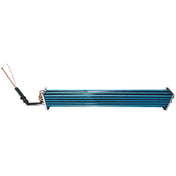A blue and silver finned Empura Refrigeration evaporator coil with copper pipes and electrical wiring attached on the left side, resting on two small black support legs; viewed from the side against a white background.