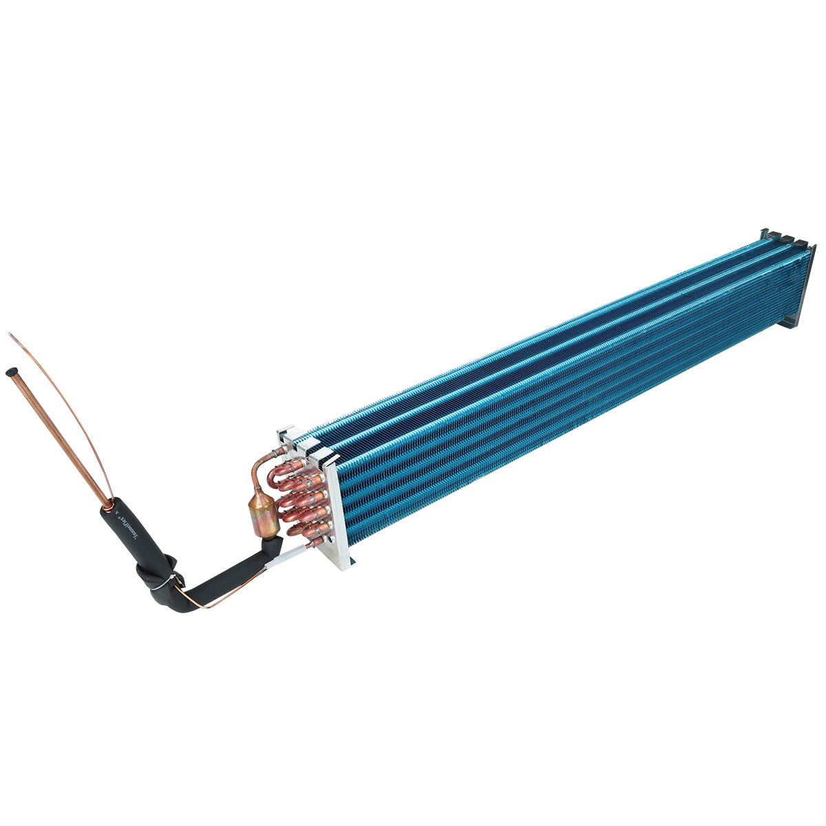 A blue aluminum finned evaporator coil with copper tubing and connectors, some insulated with black foam. The elongated unit features parallel fins and is used in Empura Refrigeration HVAC systems for heating or cooling air.