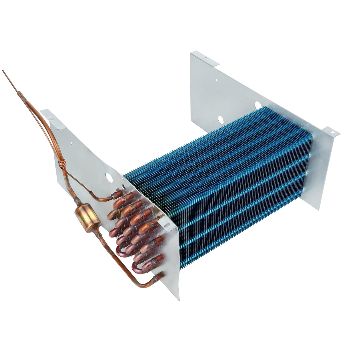 A metallic Empura Refrigeration heat exchanger with blue, finned coils and copper tubing is mounted between two white metal brackets. The copper pipes curve and connect to various fins, with a cylindrical evaporator coil attached to the tubing.