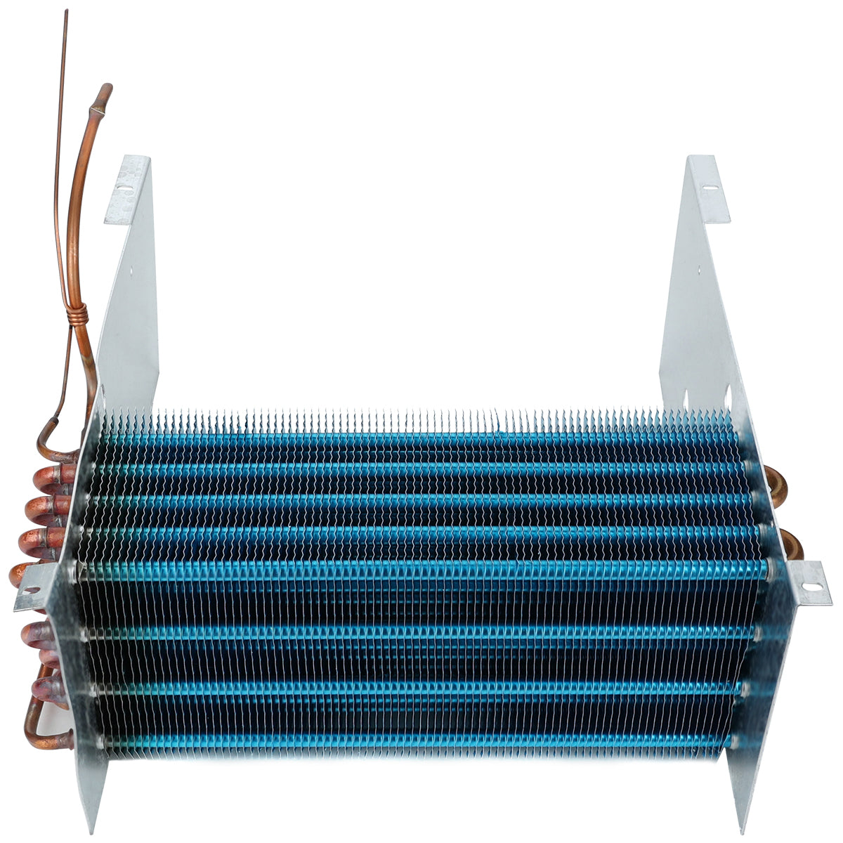 A metal evaporator coil for Empura Refrigeration, featuring parallel blue fins, copper tubing on the side, and two silver mounting brackets on each end. The copper pipes are coiled and run through the fins, ensuring efficient heat transfer. Ideal for Empura Parts replacements.