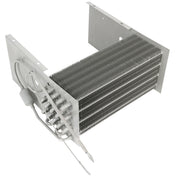 A metallic Empura Refrigeration evaporator coil with tightly packed horizontal fins and tubes. Attached wires and a cylindrical component are visible on one end, all mounted on angled support plates. The surface appears clean and reflective.