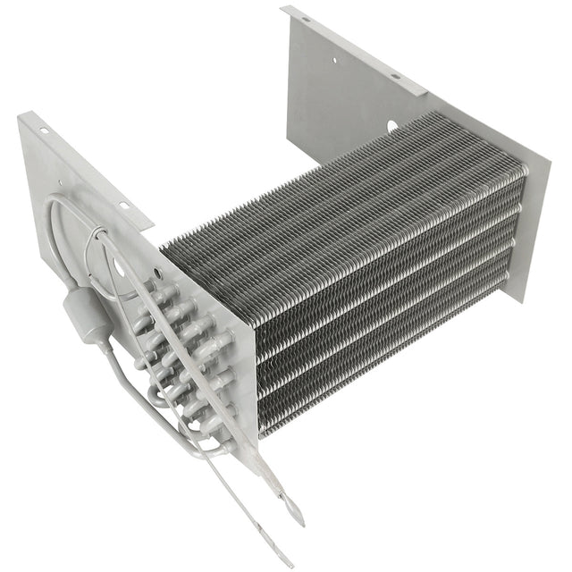 A metallic Empura Refrigeration evaporator coil with tightly packed horizontal fins and tubes. Attached wires and a cylindrical component are visible on one end, all mounted on angled support plates. The surface appears clean and reflective.