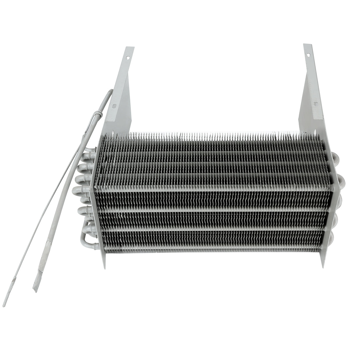 Rectangular metallic evaporator coil with evenly spaced horizontal fins and tubes, attached to side brackets for mounting. A temperature sensor or capillary tube extends outward—compatible with Empura Refrigeration systems.