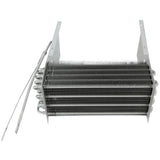 Rectangular metallic evaporator coil with evenly spaced horizontal fins and tubes, attached to side brackets for mounting. A temperature sensor or capillary tube extends outward—compatible with Empura Refrigeration systems.