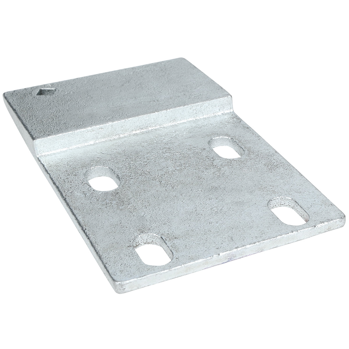A rectangular metal door hinge bracket from Empura Parts with a raised section on one end and four oval-shaped holes in a rectangle for securing bolts. The sturdy, textured finish is designed for industrial applications like Empura Refrigeration units.