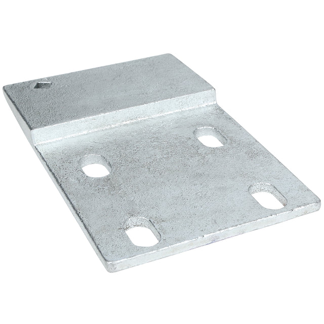 A rectangular metal door hinge bracket from Empura Parts with a raised section on one end and four oval-shaped holes in a rectangle for securing bolts. The sturdy, textured finish is designed for industrial applications like Empura Refrigeration units.