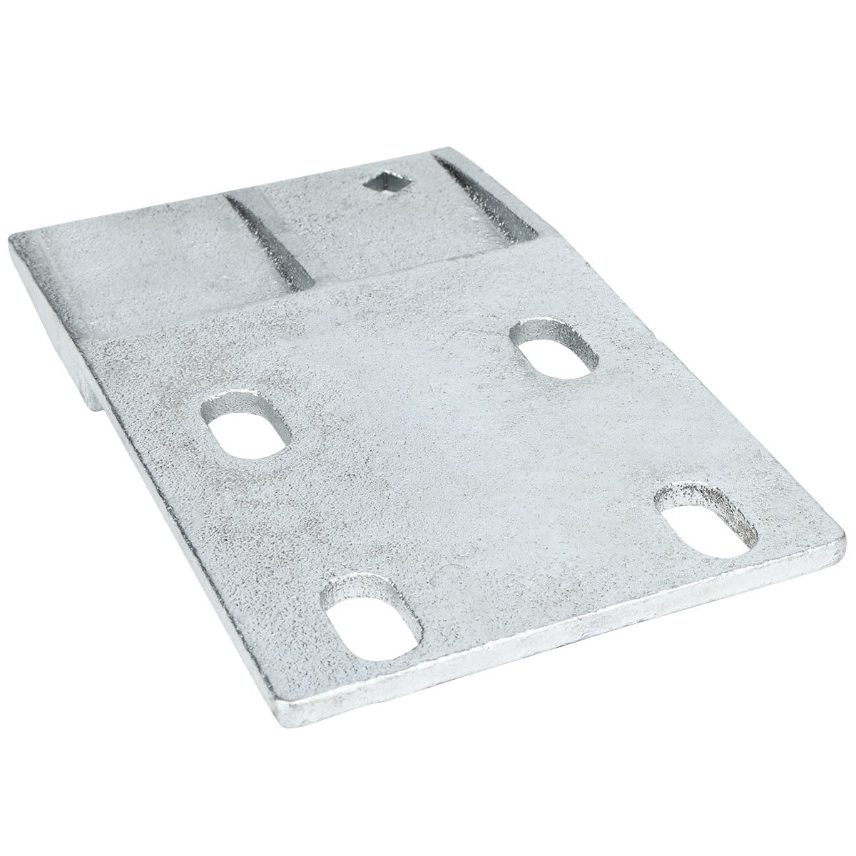 A rectangular metal plate with a rough, matte finish, often used as a door hinge bracket in Empura Refrigeration units. It features four elongated oval holes near each corner, a smaller square hole near one edge, and visible casting marks on its surface.