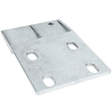 A rectangular metal plate with a rough, matte finish, often used as a door hinge bracket in Empura Refrigeration units. It features four elongated oval holes near each corner, a smaller square hole near one edge, and visible casting marks on its surface.