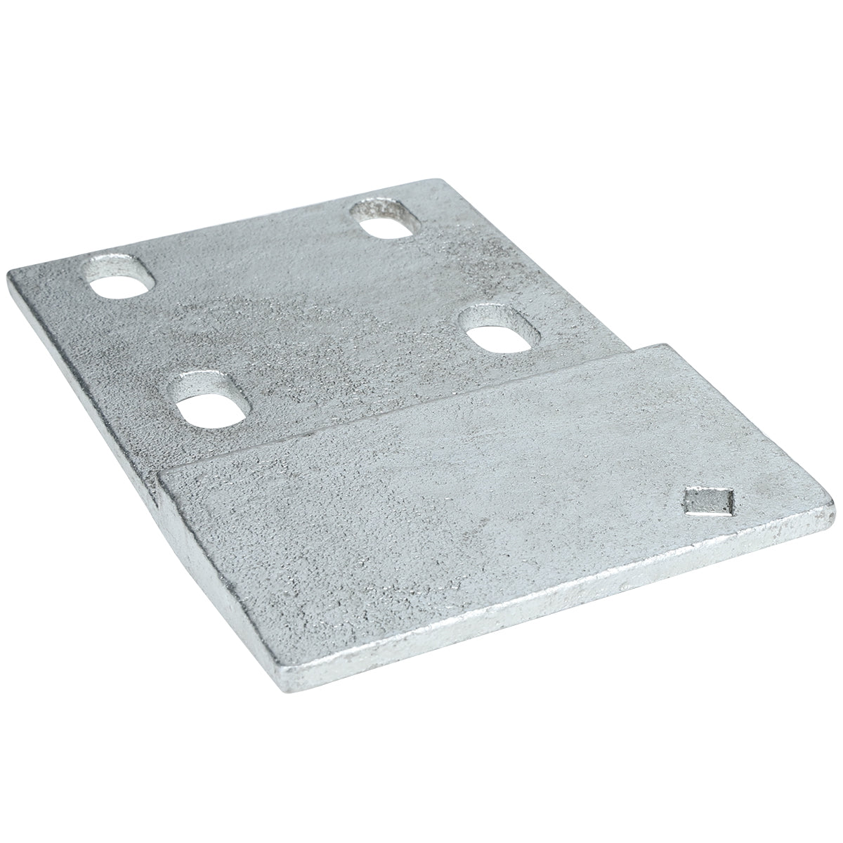 A silver metallic rectangular door hinge bracket with a slanted edge, four round holes in two rows, and a slightly raised section on one end. The textured surface features a small engraved square mark—compatible with Empura Refrigeration.