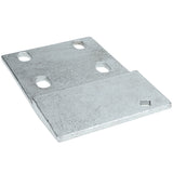 A silver metallic rectangular door hinge bracket with a slanted edge, four round holes in two rows, and a slightly raised section on one end. The textured surface features a small engraved square mark—compatible with Empura Refrigeration.