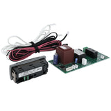 A circuit board with various electronic components, an Empura Parts 5114000477P bundled black, white, and red wire harness, and a rectangular black control panel with labeled ports and connectors, all placed on a white background.