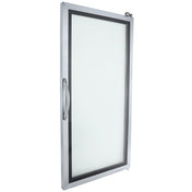 A single glass door with a metallic frame and a large vertical handle on the left side. This modern, minimalistic design from Empura Refrigeration highlights its thickness and structure, photographed at an angle against a white background.