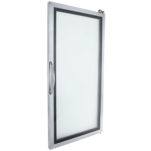 A single glass door with a metallic frame and a large vertical handle on the left side. This modern, minimalistic design from Empura Refrigeration highlights its thickness and structure, photographed at an angle against a white background.