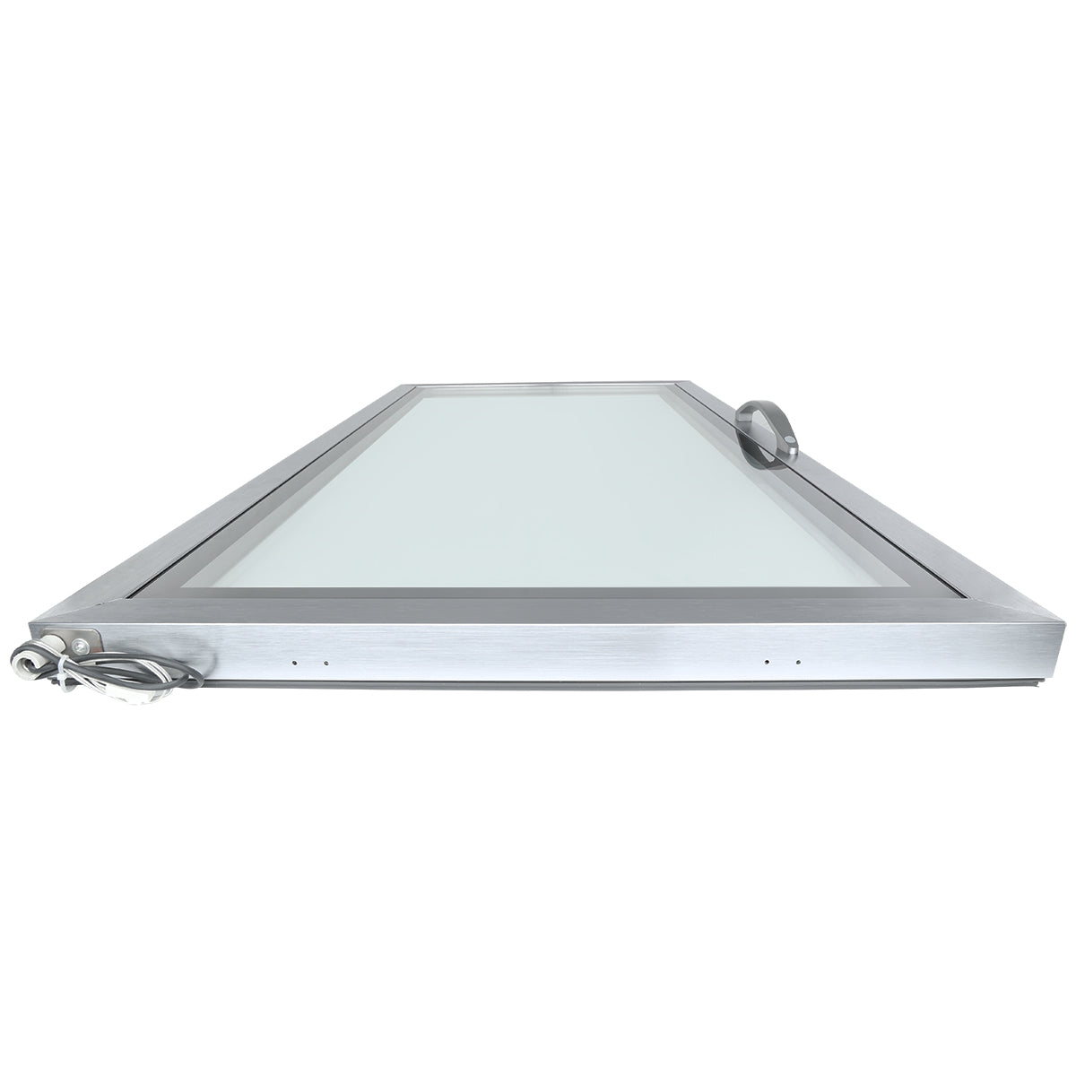 A flat, rectangular stainless steel frame with a clear glass center, viewed from a low angle. A round metal handle and coiled cable on the left edge suggest this is an Empura Refrigeration Door Right, likely for industrial or commercial use.
