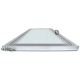 A flat, rectangular stainless steel frame with a clear glass center, viewed from a low angle. A round metal handle and coiled cable on the left edge suggest this is an Empura Refrigeration Door Right, likely for industrial or commercial use.