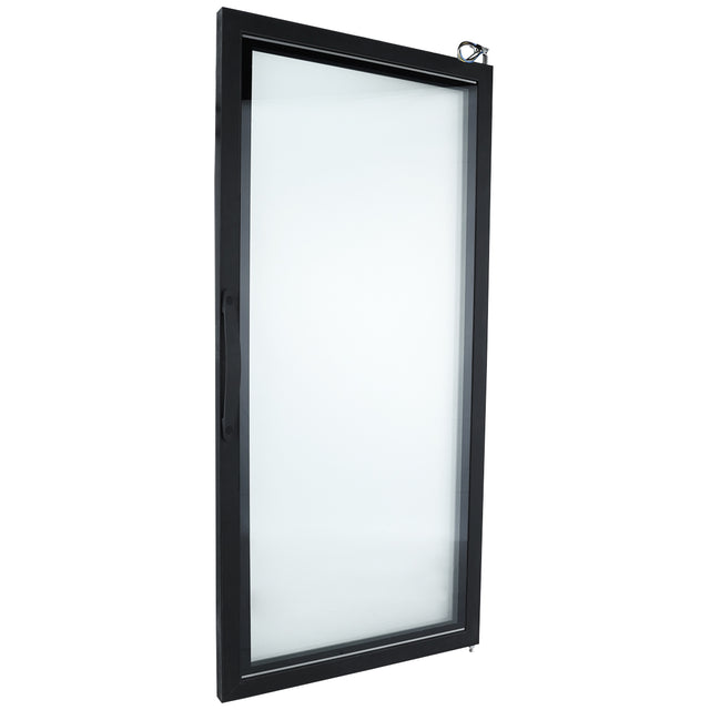 A single rectangular window with a black frame, slightly tilted backward. Similar to an Empura Refrigeration Door (Right), it features a handle on the left and a latch at the top right. The clear glass pane has no visible grid or decoration against a white background.