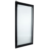 A single rectangular window with a black frame, slightly open at the top. The clear glass shows a slight reflection, and the plain white background highlights the window’s shape—similar in style to Empura Refrigeration units.