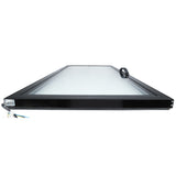 A rectangular black-framed glass panel, likely a Door (Right) from Empura Refrigeration, viewed from its narrow edge. Electrical wires and a connector are visible at the bottom left, and a small black loop is attached to the top right. The surface is reflective and clean.