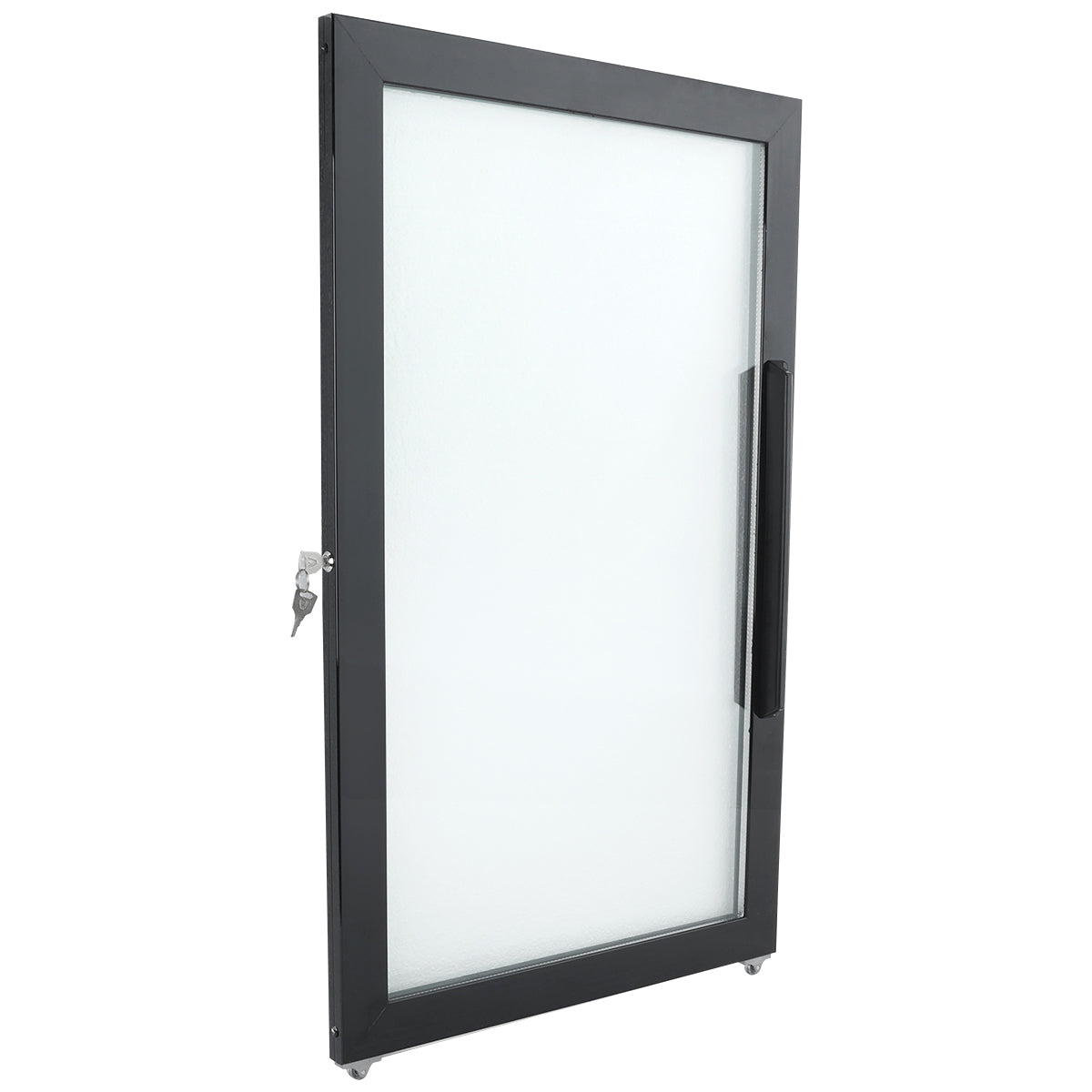 A black-framed glass Door (Right) stands upright against a white background. It features a large vertical handle and a key lock mechanism with the key inserted, typical of Empura Refrigeration and compatible with Empura Parts. The glass is frosted for privacy.