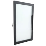 A black-framed glass Door (Right) stands upright against a white background. It features a large vertical handle and a key lock mechanism with the key inserted, typical of Empura Refrigeration and compatible with Empura Parts. The glass is frosted for privacy.