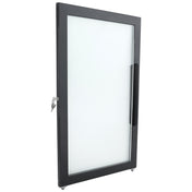 A black-framed glass Door (Right) stands upright against a white background. It features a large vertical handle and a key lock mechanism with the key inserted, typical of Empura Refrigeration and compatible with Empura Parts. The glass is frosted for privacy.