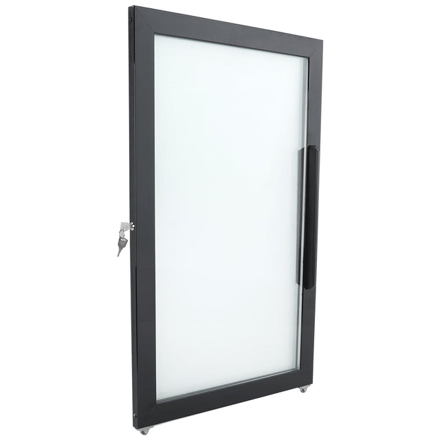 A black-framed glass Door (Right) stands upright against a white background. It features a large vertical handle and a key lock mechanism with the key inserted, typical of Empura Refrigeration and compatible with Empura Parts. The glass is frosted for privacy.