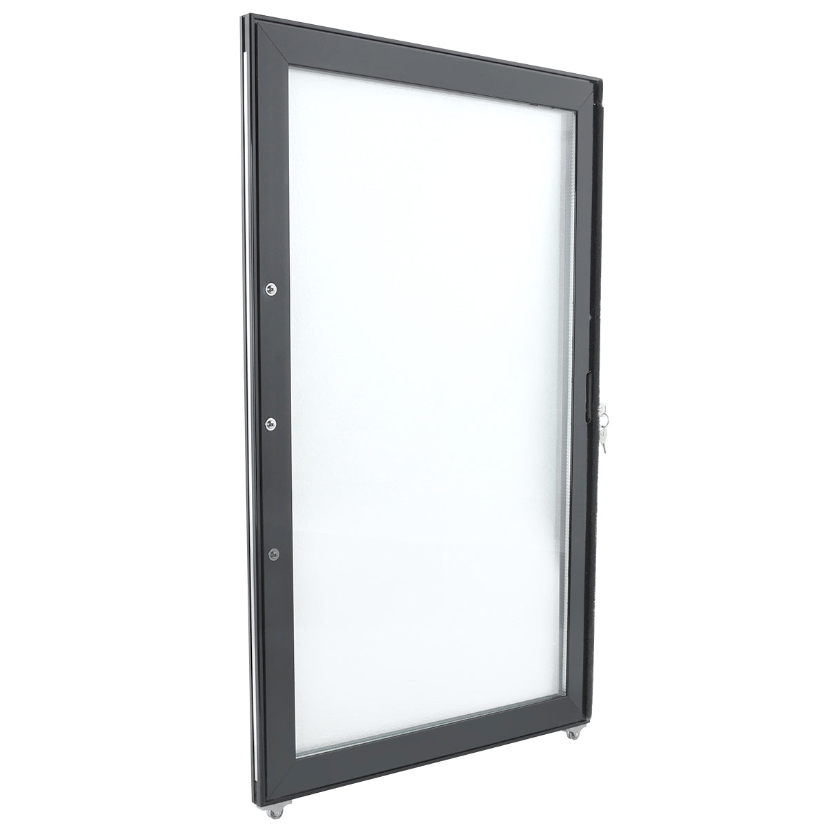 A glass door with a black metal frame is shown standing upright. This Empura Refrigeration door (right) features a lock and handle on the right side, with three circular metal fixtures along the left edge. The background is plain white.