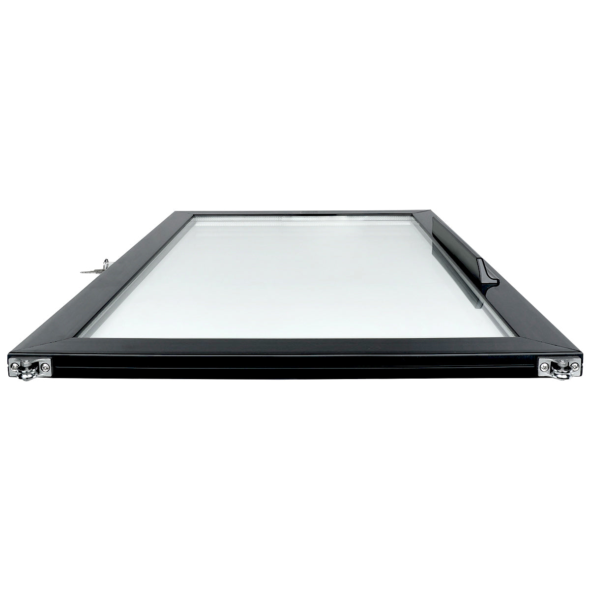A rectangular black-framed glass window, viewed from a low angle, shows frame edges, hinges at the corners, and a Door (Right) handle. The clear pane and white background emphasize the clean Empura Refrigeration design.