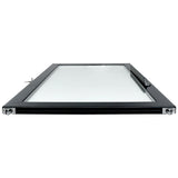 A rectangular black-framed glass window, viewed from a low angle, shows frame edges, hinges at the corners, and a Door (Right) handle. The clear pane and white background emphasize the clean Empura Refrigeration design.