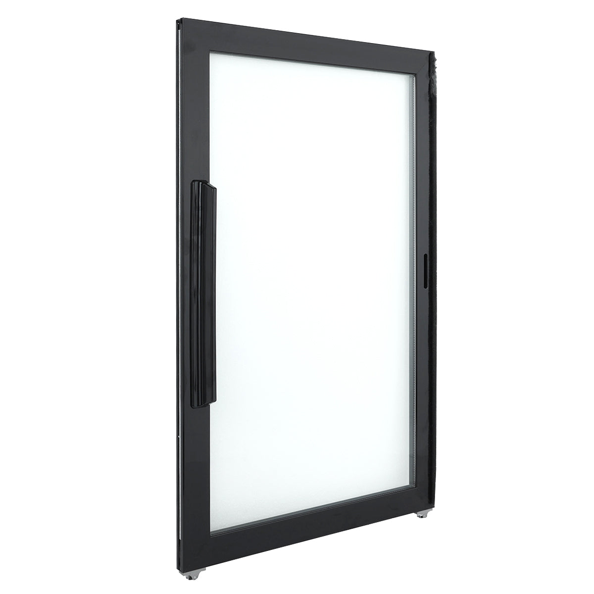A black-framed glass door stands upright at an angle, showing both its handle and thin frame. The Door Left handle is long, vertical, and ridged—ideal for Empura Refrigeration units with a modern, minimalist design.