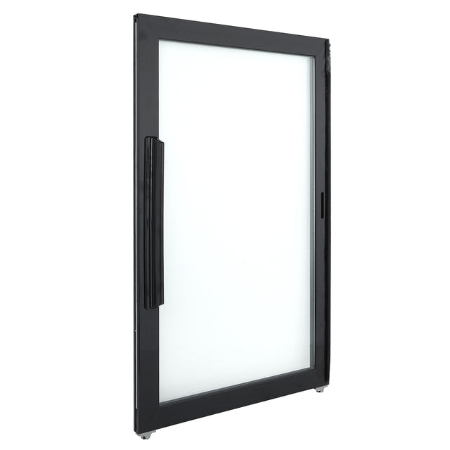 A black-framed glass door stands upright at an angle, showing both its handle and thin frame. The Door Left handle is long, vertical, and ridged—ideal for Empura Refrigeration units with a modern, minimalist design.