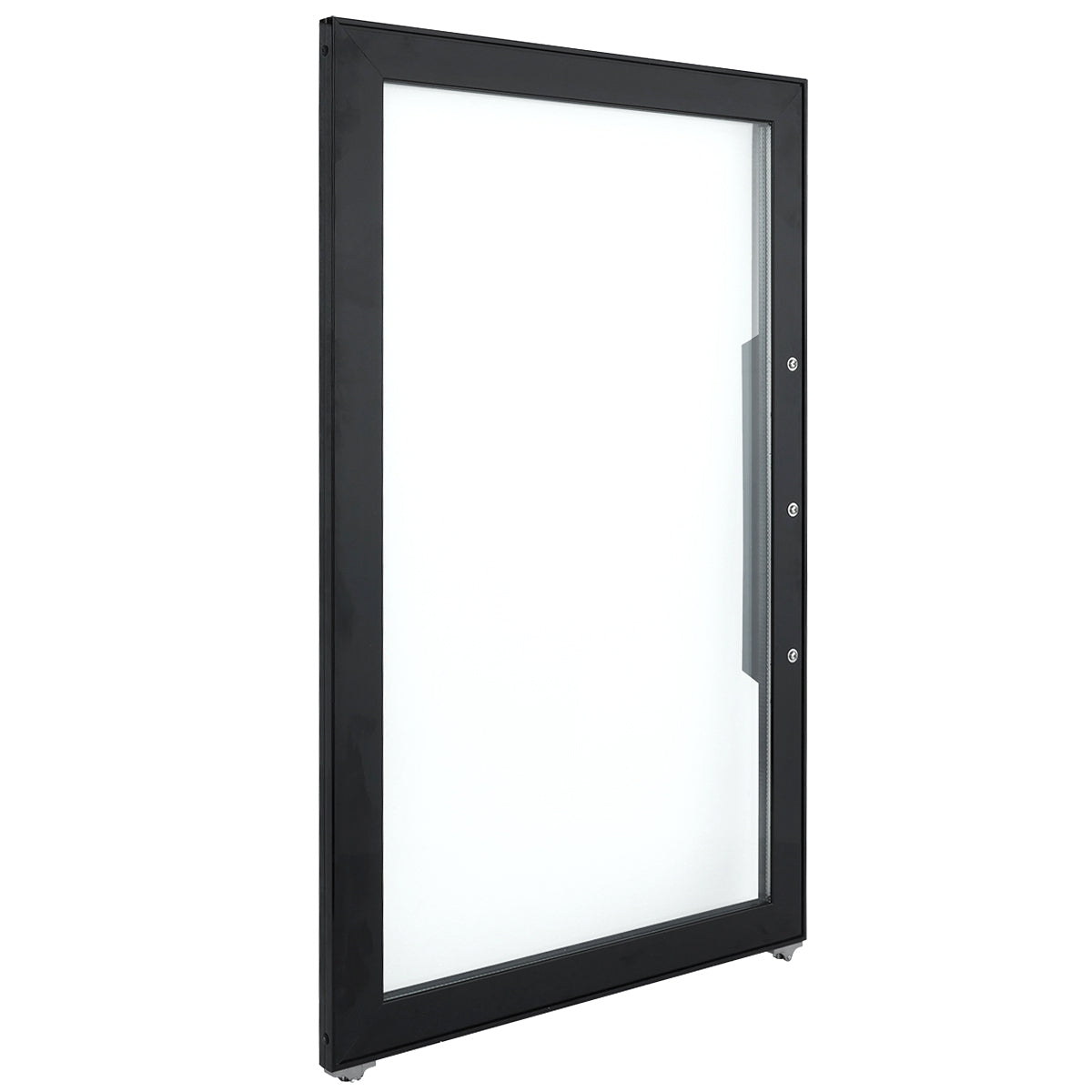 An Empura Refrigeration black metal-framed glass display case Door Left is shown standing upright at an angle, featuring three visible lock mechanisms along one vertical side, set against a plain white background.